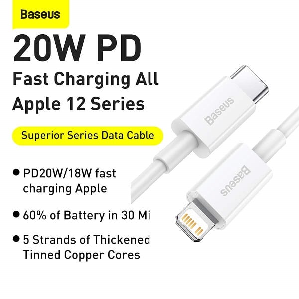Baseus cable iphone type-c 20w pd charge 100cm blanc — YouShop DZ
