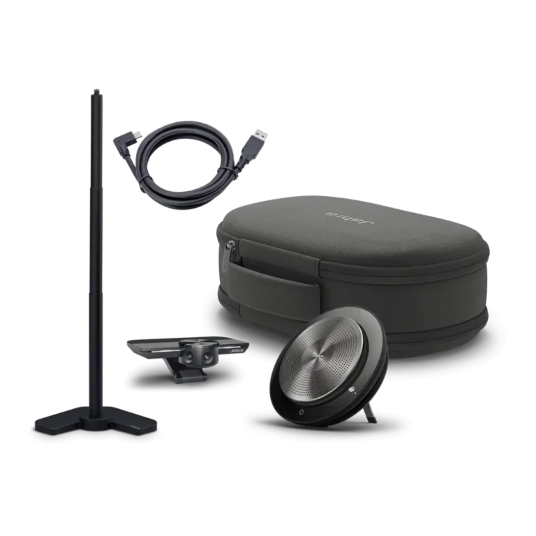 BUNDLE Jabra PanaCast Pack 510M youshop algerie Pack visioconférence Jabra PanaCast et Speak 510 MS vue d'ensemble avec caméra, haut-parleur, trépied et housse de transport YouShop Algérie.