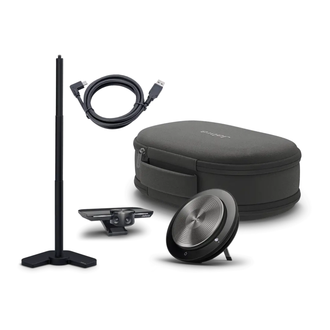 BUNDLE Jabra PanaCast Pack 510M youshop algerie Pack visioconférence Jabra PanaCast et Speak 510 MS vue d'ensemble avec caméra, haut-parleur, trépied et housse de transport YouShop Algérie.