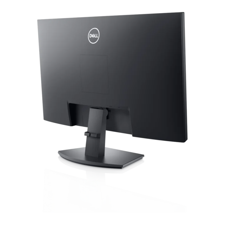 Vue arrière de biais de l'écran PC Dell 27 pouces E2722H sur son support