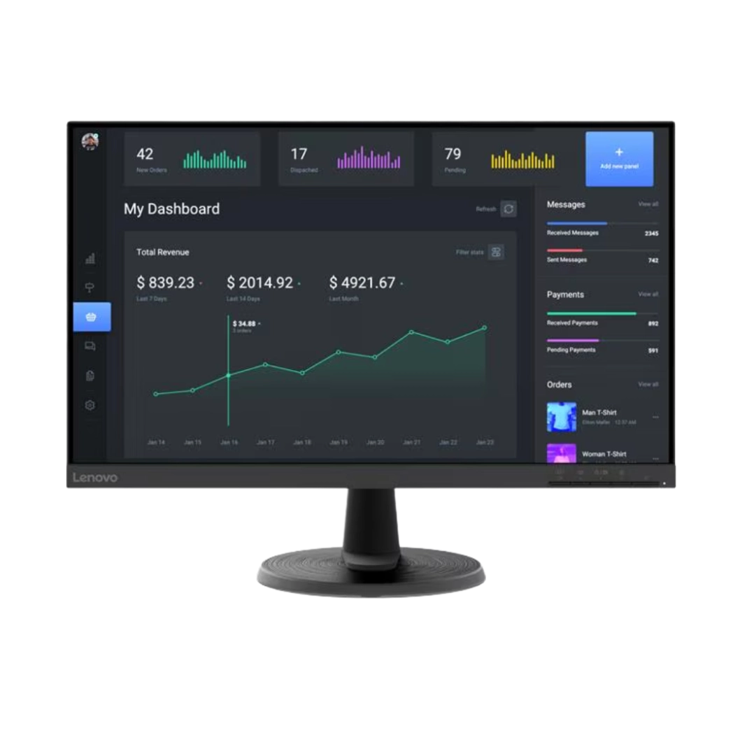 Vue de face de l'écran Lenovo C24-40 avec interface de tableau de bord