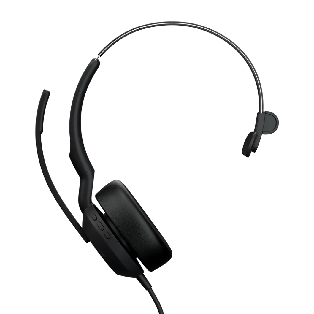 Evolve2 50 Mono algerie youshop-1 Design ergonomique du casque monaural Jabra Evolve2 50 Mono, idéal pour les centres d'appels et le télétravail en Algérie.