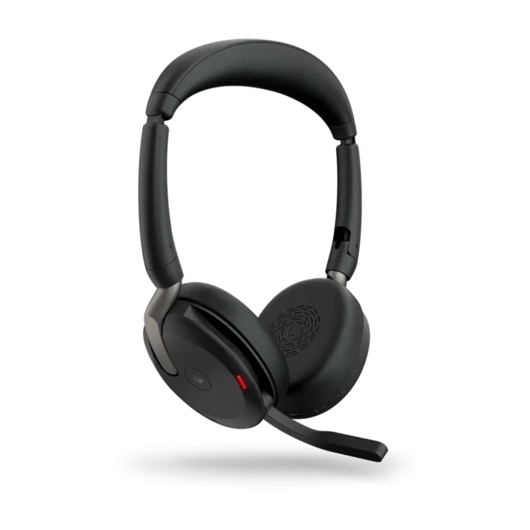 Evolve2 65 Flex Casque Sans Fil Jabra youshop algerie (4) Vue de trois quarts profil du casque sans fil Jabra Evolve2 65 Flex avec voyant BusyLight activé