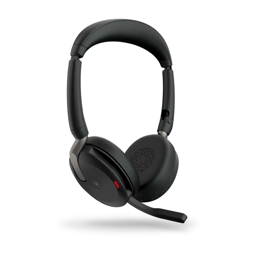 Evolve2 65 Flex Casque Sans Fil Jabra youshop algerie (4) Vue de trois quarts profil du casque sans fil Jabra Evolve2 65 Flex avec voyant BusyLight activé