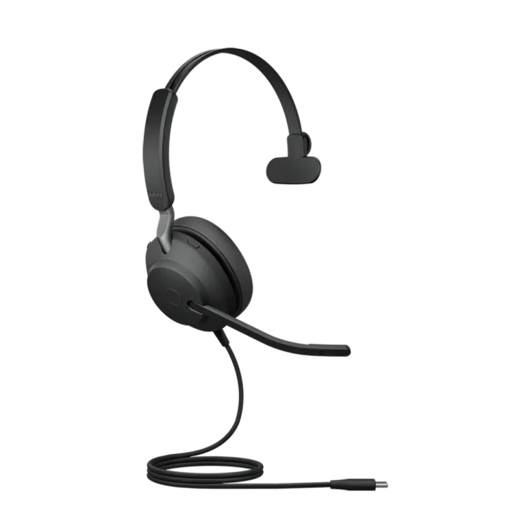 Jabra Evolve2 40 SE MS youshop algerie (1) Vue complète du casque Jabra Evolve2 40 SE MS avec microphone et câble USB