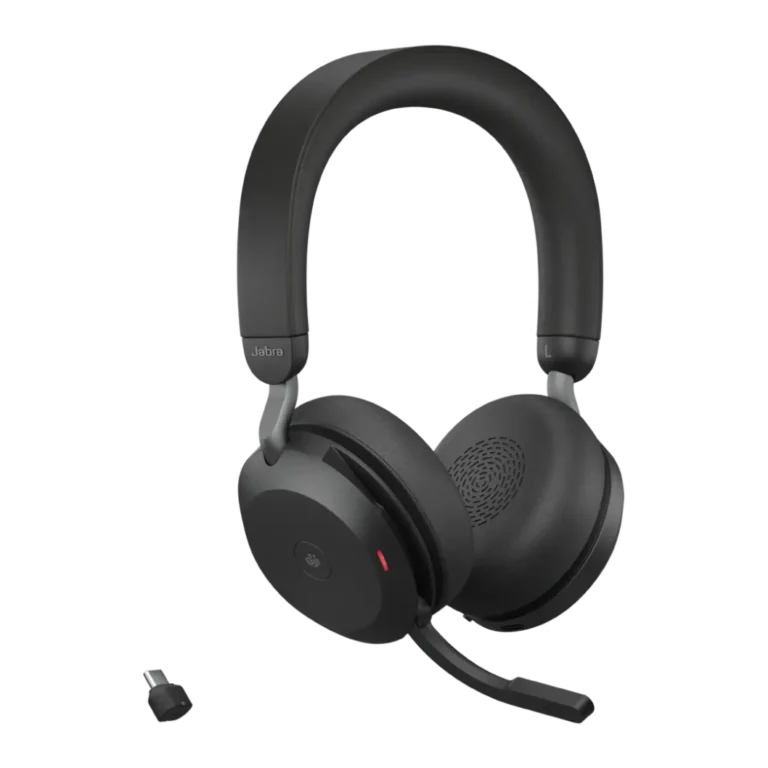 Jabra Evolve2 75 casque sans fil youshop algerie-1 Vue de trois quarts face du casque sans fil Jabra Evolve2 75 avec microphone abaissé avec dongle usb