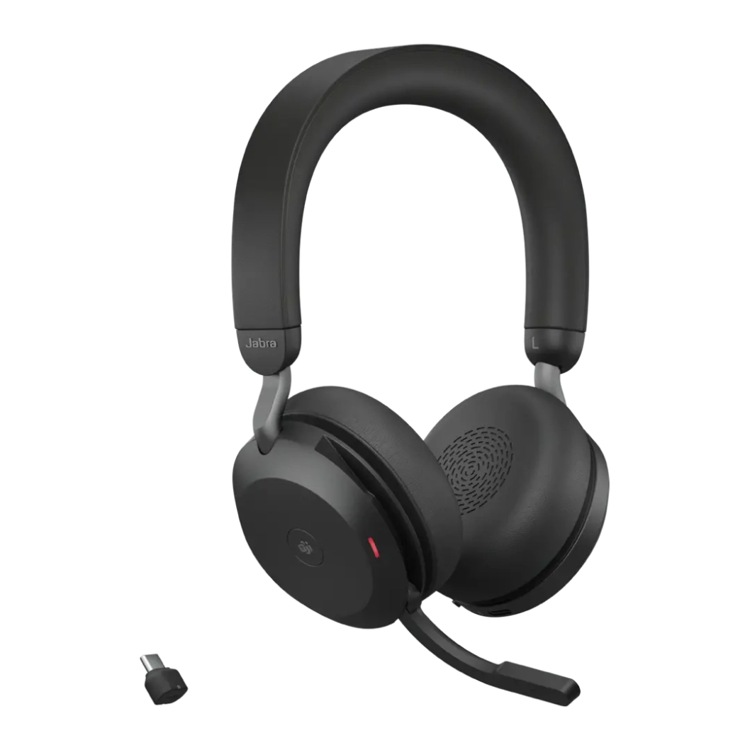 Jabra Evolve2 75 casque sans fil youshop algerie-1 Vue de trois quarts face du casque sans fil Jabra Evolve2 75 avec microphone abaissé avec dongle usb
