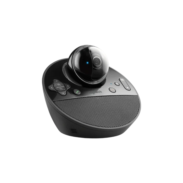 Base du haut-parleur Logitech BCC950 avec touches de contrôle d'appel vue de coté