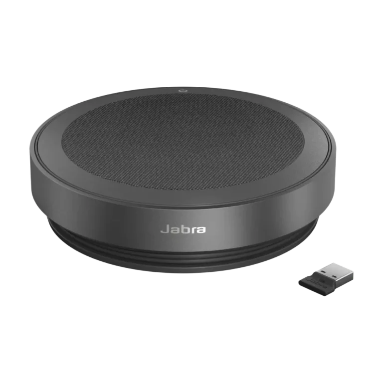 Haut-parleur de conférence Jabra Speak2 75 MS vue perspective de face avec adaptateur USB Link 380 YouShop Algérie.