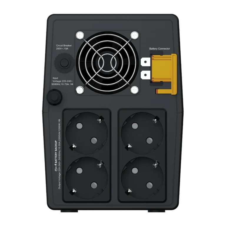 APC BVG2200I-GR - Connectique arrière 4 prises Schuko APC Back-UPS Pro Gaming BVG2200I-GR - Vue arrière 4 prises Schuko, ventilateur et connecteur batterie