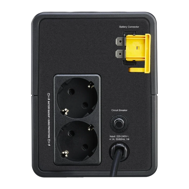 APC BVX900LI-GR - Arrière prises Schuko CEE 7/3 connecteur batterie APC Easy UPS BVX900LI-GR - Vue arrière 2 prises Schuko et connecteur batterie