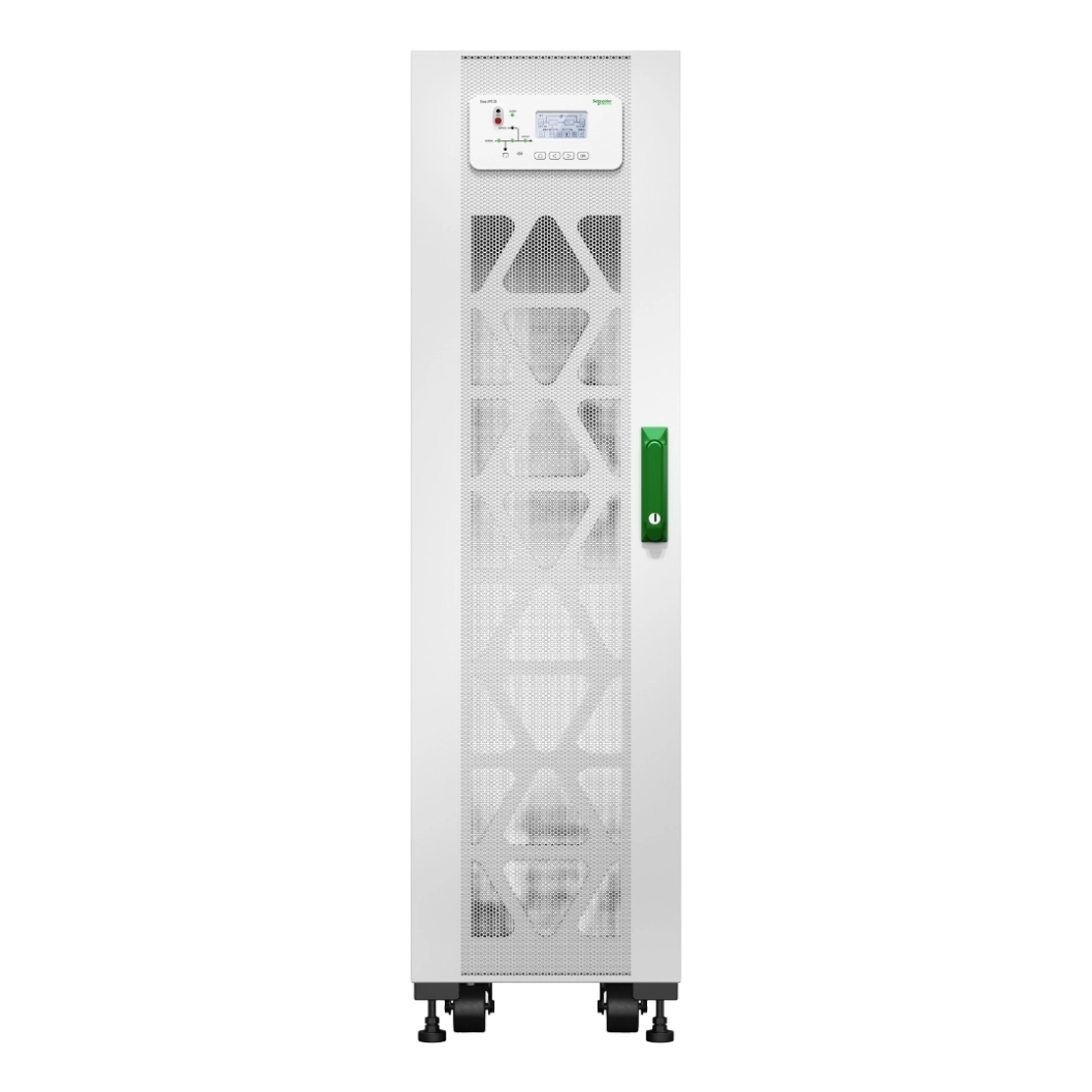 APC Easy UPS 3S 20kVA - Vue de face frontale APC Easy UPS 3S 20kVA E3SUPS20KHB1 onduleur triphasé tour blanche, vue de face, grilles triangulaires, écran LCD, poignée verte, pieds réglables