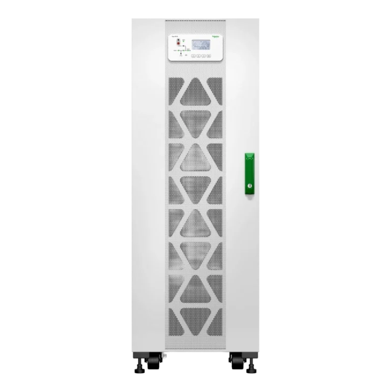 APC Easy UPS 3S 30kVA - Vue de face frontale APC Easy UPS 3S 30kVA E3SUPS30KHB1 onduleur triphasé tour blanche, vue de face, grilles triangulaires, écran LCD, poignée verte