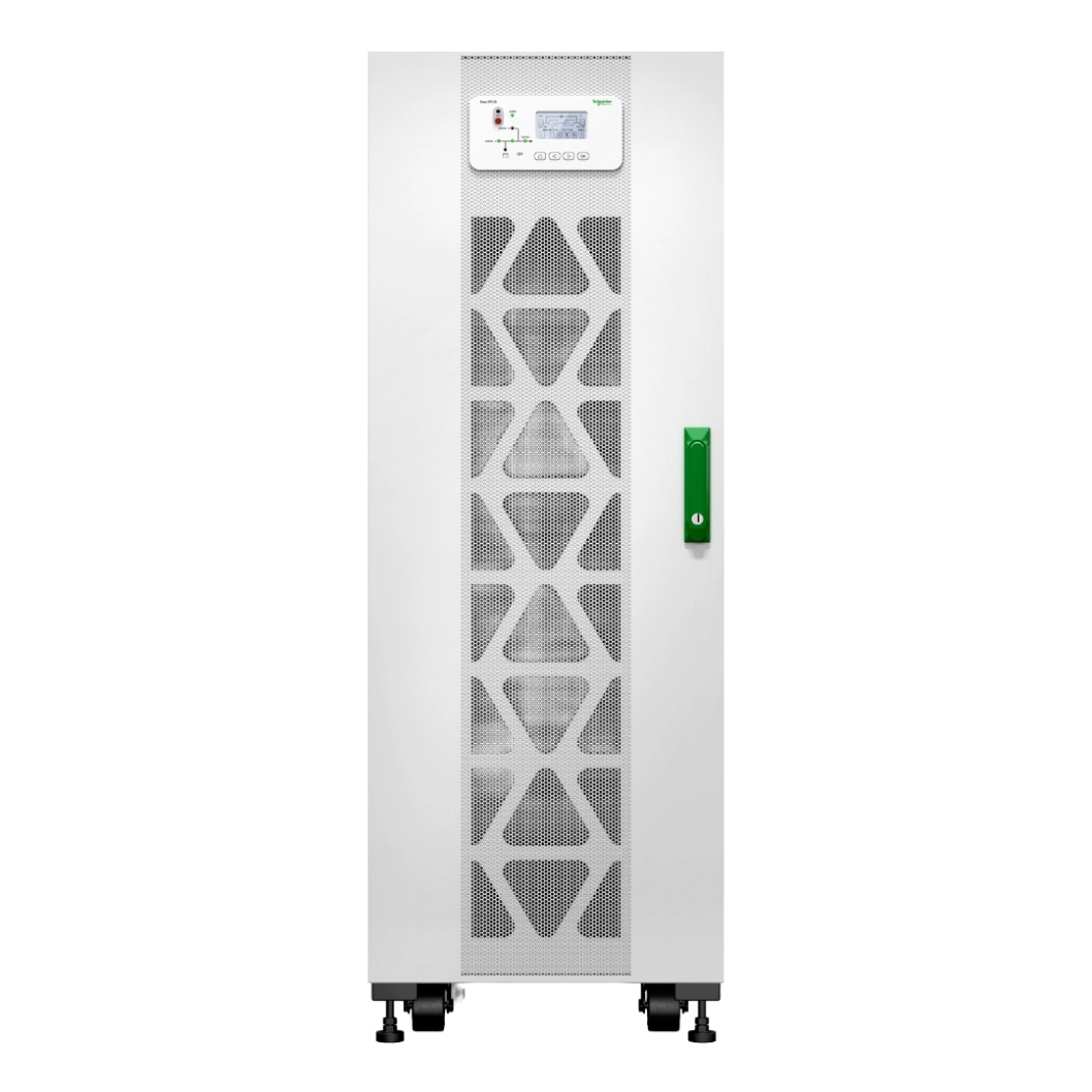 APC Easy UPS 3S 30kVA E3SUPS30KHB1 onduleur triphasé tour blanche, vue de face, grilles triangulaires, écran LCD, poignée verte