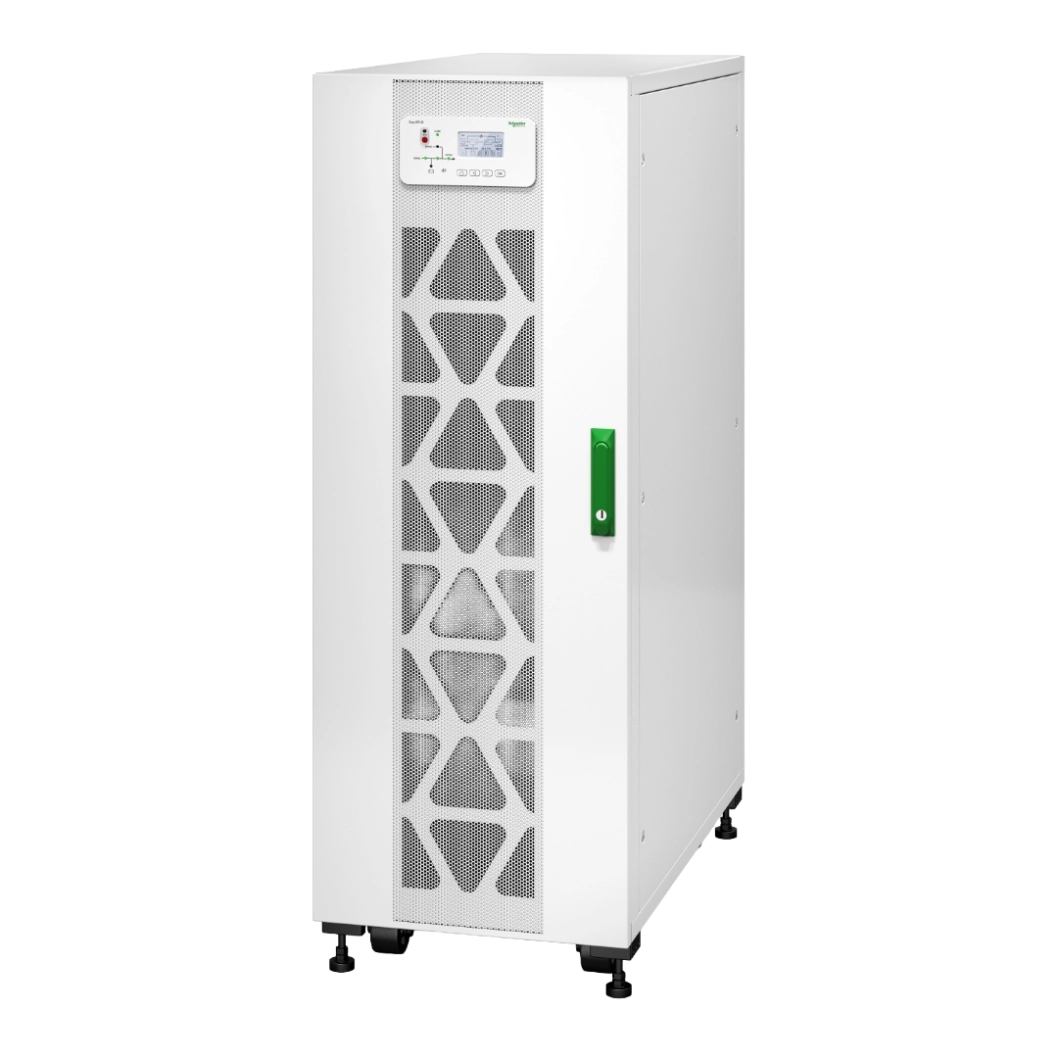 APC Easy UPS 3S 40kVA E3SUPS40KHB1 onduleur triphasé tour blanche, vue 3/4 avant droite, grilles triangulaires, écran LCD, poignée verte, pieds réglables
