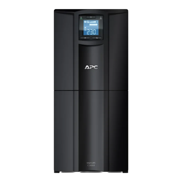 APC Smart-UPS C 3000VA - Vue de face frontale APC Smart-UPS C 3000VA SMC3000I tour noire, vue de face, écran LCD bleu 230V, logo APC, Smart-UPS C 3000 inscrit en bas à droite