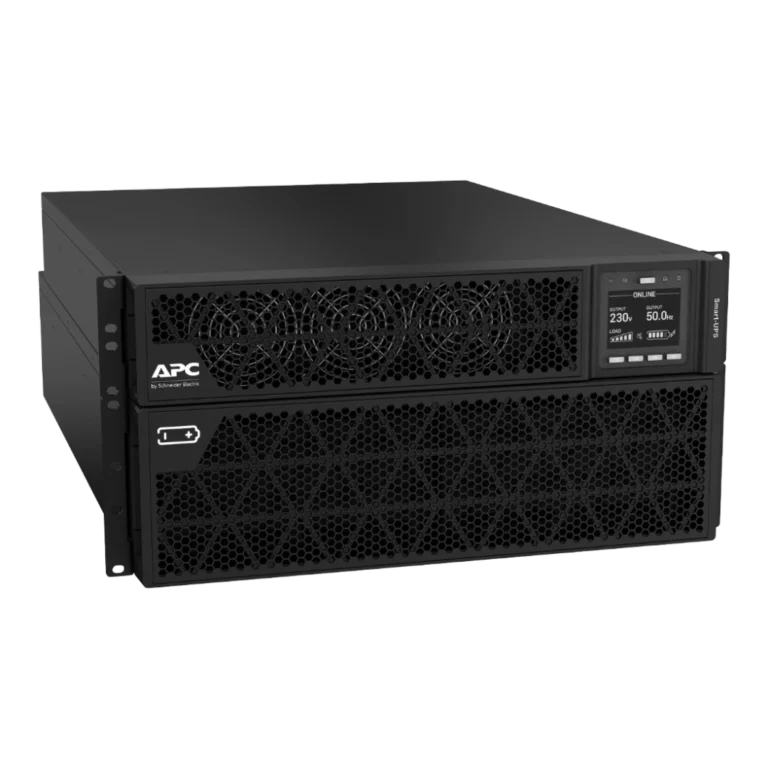 APC Smart-UPS SRT 10kVA SRTG10KXLI, format rack/tour 6U noir, vue 3/4 avant gauche, écran LCD ONLINE 230V 50Hz, ventilateurs hexagonaux, 2 unités superposées, pied de tour