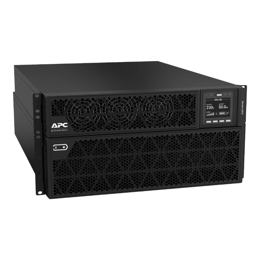 APC Smart-UPS SRT 10kVA - Vue 3/4 avant gauche mode rack APC Smart-UPS SRT 10kVA SRTG10KXLI, format rack/tour 6U noir, vue 3/4 avant gauche, écran LCD ONLINE 230V 50Hz, ventilateurs hexagonaux, 2 unités superposées, pied de tour