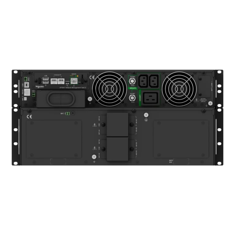 APC Smart-UPS SRT 10kVA SRTG10KXLI, panneau arrière mode rack: carte réseau AP9641 NMC3, prises IEC sorties groupées, connecteurs batterie externe