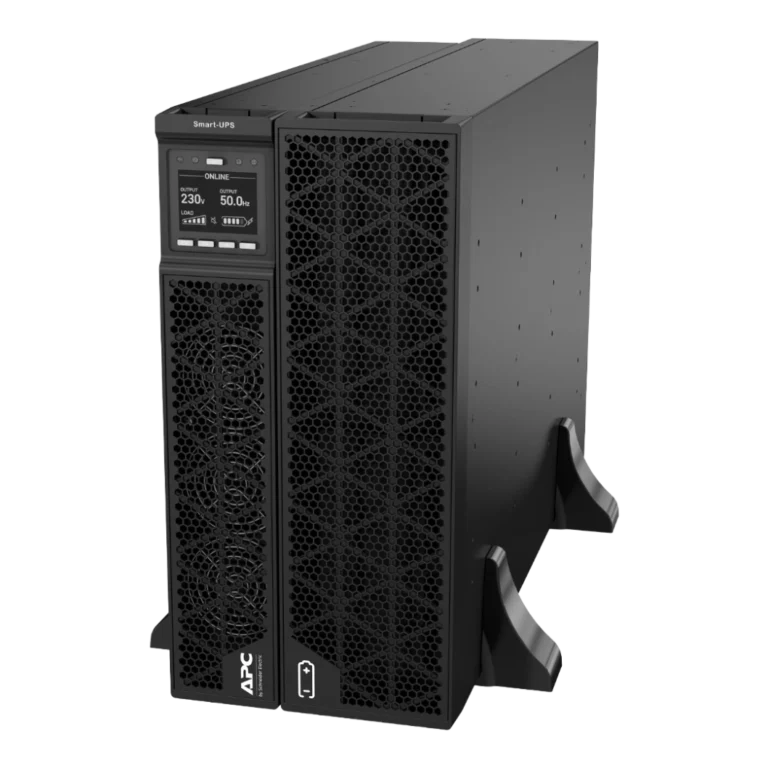 APC Smart-UPS SRT 10kVA SRTG10KXLI en mode tour, vue 3/4 avant gauche, 4 ventilateurs circulaires façade, écran LCD ONLINE 230V 50Hz, logo APC, pied de tour