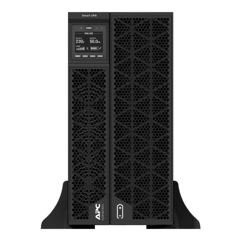 APC Smart-UPS SRT 10kVA SRTG10KXLI en mode tour, vue de face, écran LCD ONLINE 230V 50Hz, ventilateurs circulaires, logo APC by Schneider Electric