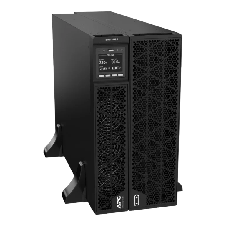 APC Smart-UPS SRT 10kVA SRTG10KXLI en mode tour, vue 3/4 avant droite, écran LCD ONLINE 230V 50Hz, ventilateurs hexagonaux, 2 unités, pied de tour