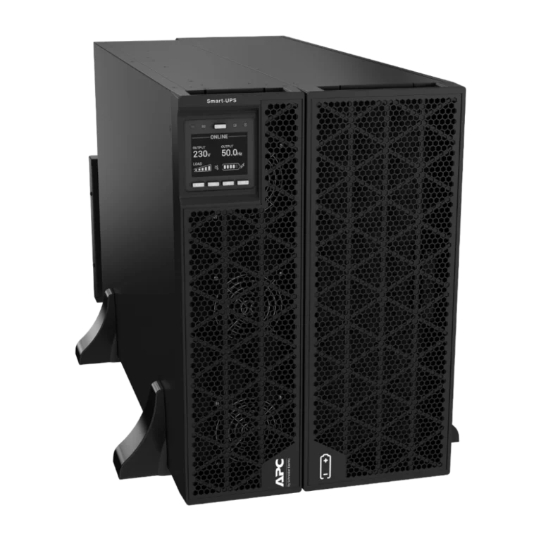APC Smart-UPS SRT 15kVA - Vue 3/4 avant gauche mode tour APC Smart-UPS SRT 15kVA SRTG15KXLI en mode tour, vue 3/4 avant gauche, 2 unités (onduleur + module batteries), écran LCD ONLINE 230V 50Hz