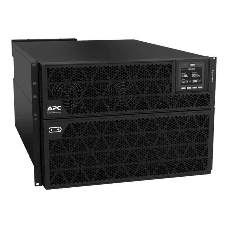 APC Smart-UPS SRT 20kVA SRTG20KXLI, format rack/tour noir, vue 3/4 avant gauche, écran LCD ONLINE 230V 50Hz, ventilateurs hexagonaux, 2 unités, pied de tour