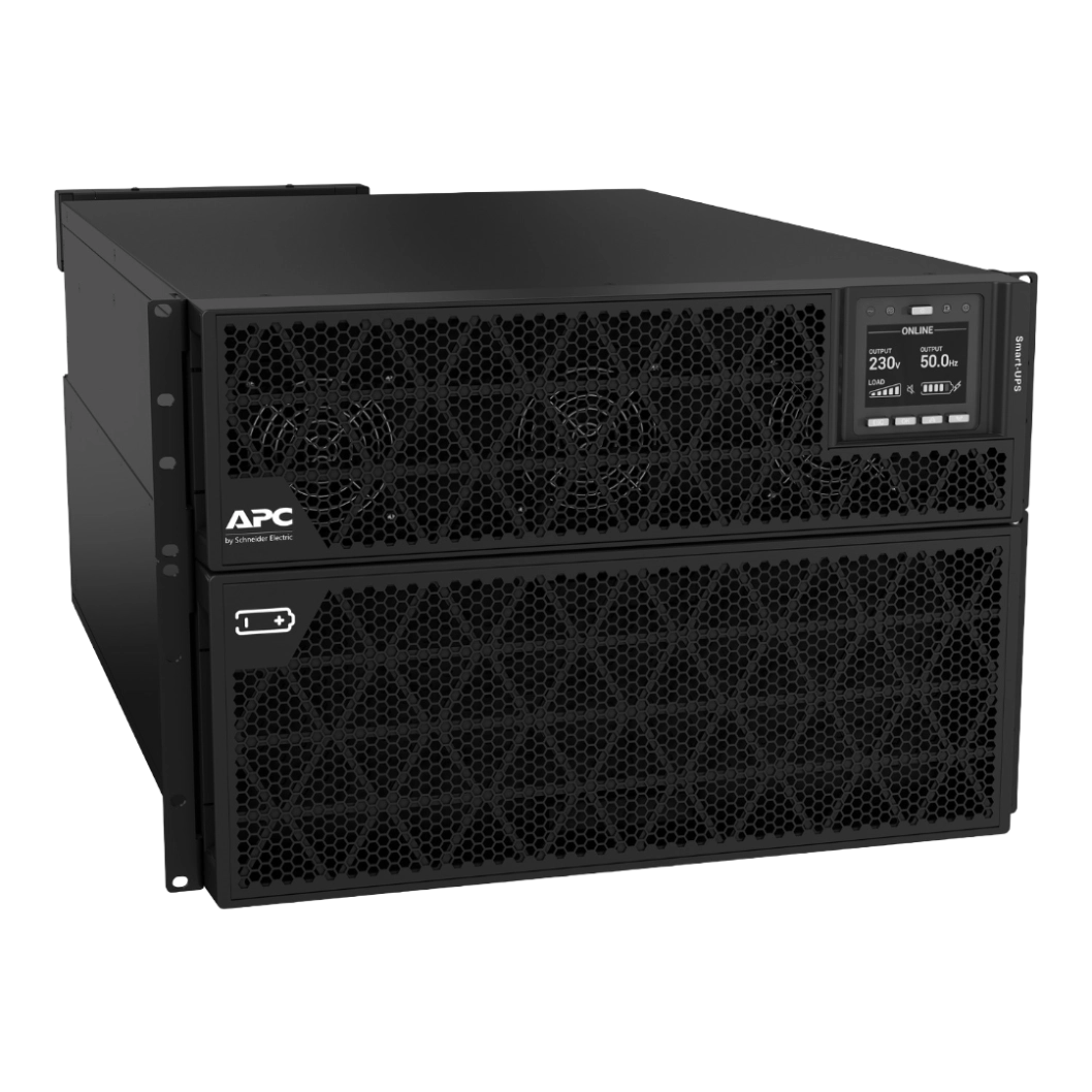 APC Smart-UPS SRT 20kVA - Vue 3/4 avant gauche mode rack APC Smart-UPS SRT 20kVA SRTG20KXLI, format rack/tour noir, vue 3/4 avant gauche, écran LCD ONLINE 230V 50Hz, ventilateurs hexagonaux, 2 unités, pied de tour