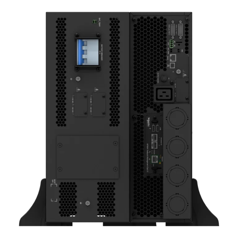 APC Smart-UPS SRT 20kVA SRTG20KXLI, panneau arrière mode tour: module batteries avec disjoncteur 63A + onduleur avec AP9641 NMC3, 4 grands ventilateurs circulaires