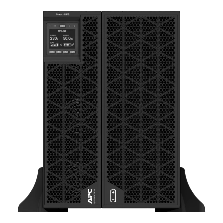 APC Smart-UPS SRT 20kVA SRTG20KXLI en mode tour, vue de face, ventilateurs hexagonaux, écran LCD ONLINE 230V 50Hz, logo APC, pied de tour