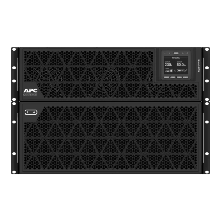 APC Smart-UPS SRT 20kVA SRTG20KXLI en mode rack, vue de face, format horizontal, APC by Schneider Electric, écran LCD ONLINE 230V 50Hz, module batteries dessous