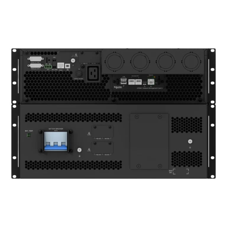 APC Smart-UPS SRT 20kVA SRTG20KXLI, panneau arrière mode rack: module batterie (disjoncteur bleu 63A) + onduleur (AP9641 NMC3, prise IEC, ports parallèles)