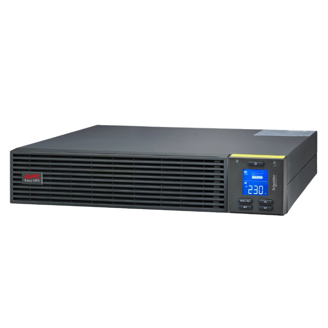 APC Easy UPS SRV 1kVA SRV1KRI, format rack 2U gris anthracite, vue 3/4 avant gauche, écran LCD bleu 230V, logo APC Easy-UPS, grilles ventilation horizontales, Schneider Electric