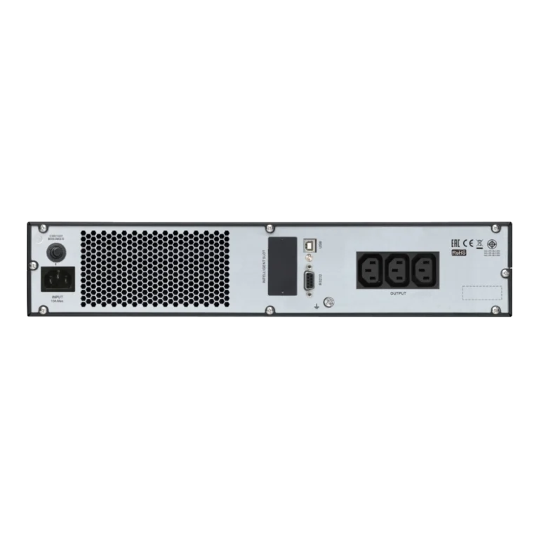 APC Easy UPS SRV 1kVA Rack 2U - Vue arrière connexions APC Easy UPS SRV 1kVA SRV1KRI, panneau arrière rack 2U: entrée IEC C14 avec disjoncteur, 3 sorties IEC C13, port USB type B, port RS-232, intelligent slot, certifications EAC CE RoHS