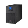 APC Easy UPS SRV 3kVA Tour - Vue 3/4 avant gauche APC Easy UPS SRV 3kVA SRV3KI tour noire, vue 3/4 avant gauche, écran LCD bleu 230V, logo APC Easy-UPS, grilles ventilation, Schneider Electric