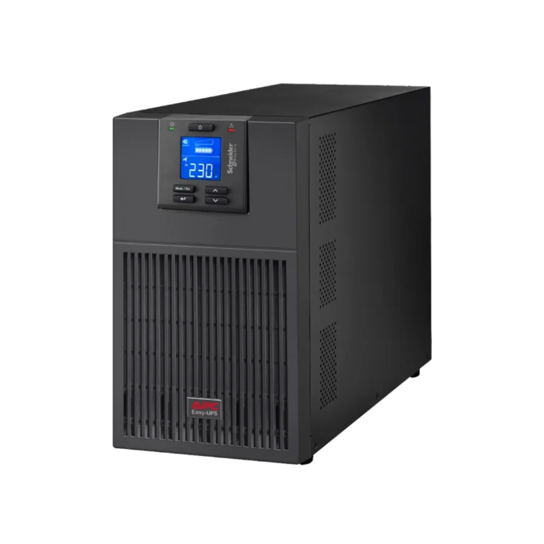 APC Easy UPS SRV 3kVA Tour - Vue 3/4 avant gauche APC Easy UPS SRV 3kVA SRV3KI tour noire, vue 3/4 avant gauche, écran LCD bleu 230V, logo APC Easy-UPS, grilles ventilation, Schneider Electric
