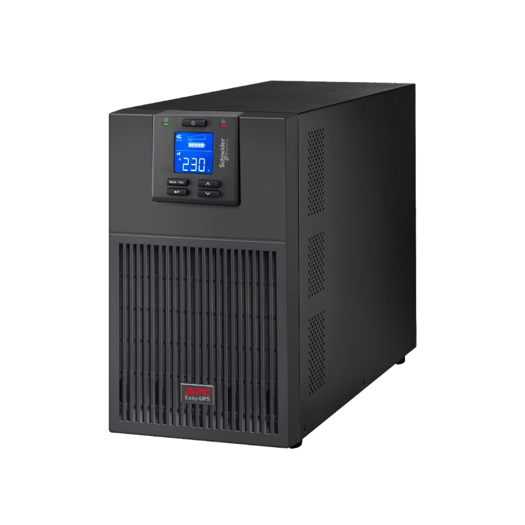 APC Easy UPS SRV 3kVA Tour - Vue 3/4 avant gauche APC Easy UPS SRV 3kVA SRV3KI tour noire, vue 3/4 avant gauche, écran LCD bleu 230V, logo APC Easy-UPS, grilles ventilation, Schneider Electric