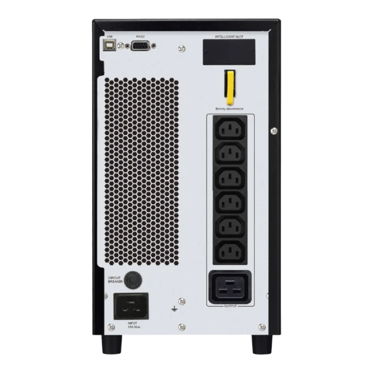 APC Easy UPS SRV 3kVA Tour - Vue arrière connexions APC Easy UPS SRV 3kVA SRV3KI, panneau arrière tour: 6 sorties IEC C13, connecteur entrée, intelligent slot, port série RS-232, batterie amovible (étiquette jaune)