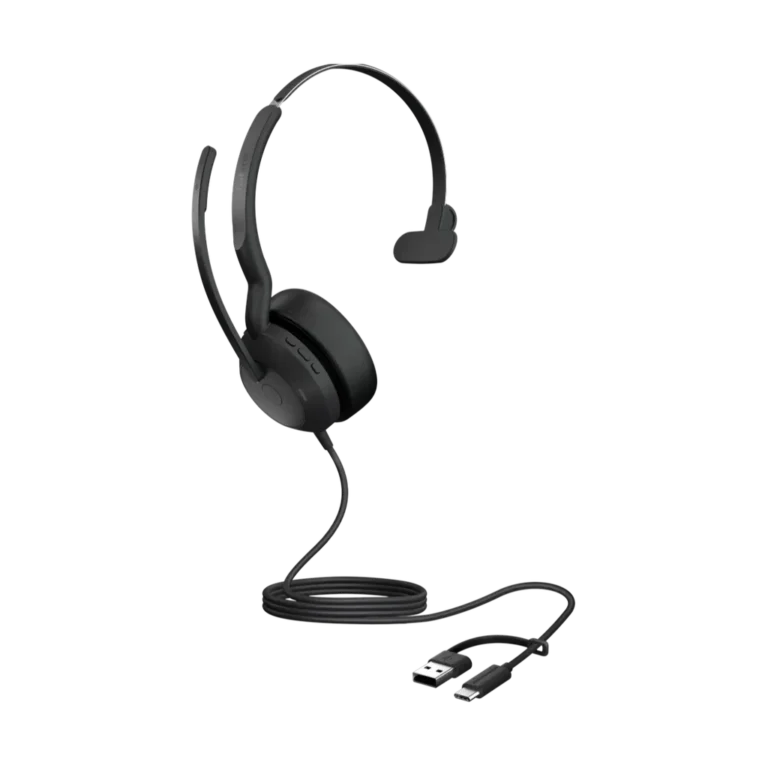 Evolve2 50 Mono algerie youshop-3 Vue complète du casque mono Jabra Evolve2 50 avec son câble de connexion USB-C pour PC et ordinateur portable.