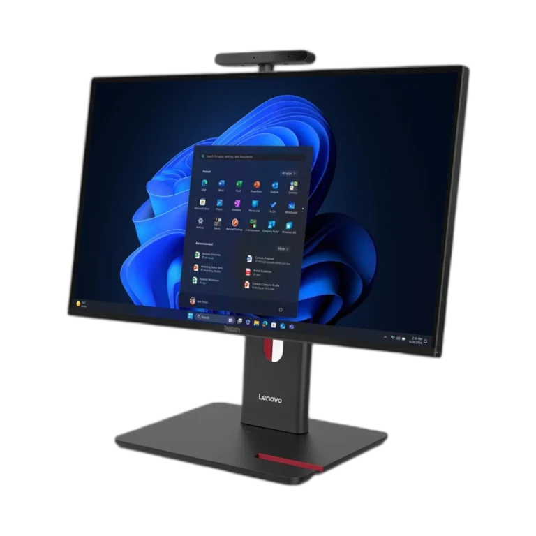 Lenovo ThinkCentre M90a Gen 6 - vue trois quarts rapprochée écran allumé