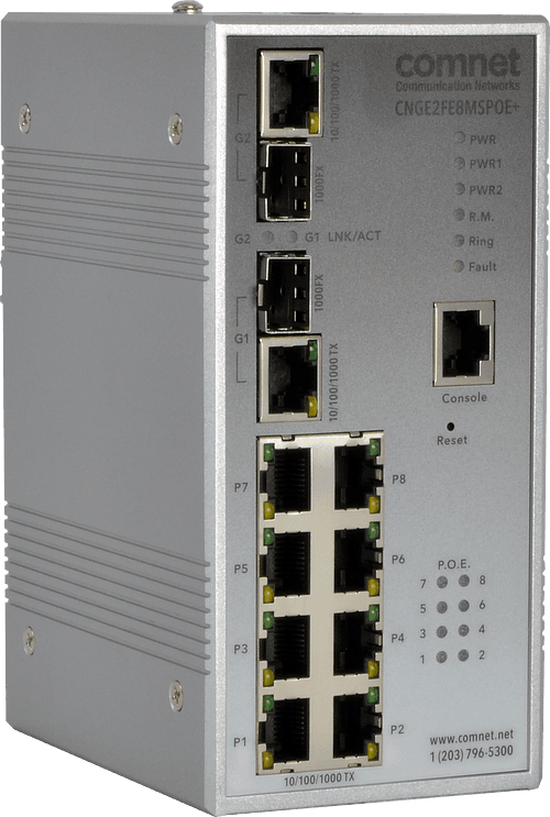 cnge2fe8mspoe.png Switch Ethernet Administrable PoE+ Comnet CWGE2FE8MSPOE+ | 8 ports 10/100 PoE+ 240W + 2 combo Gigabit